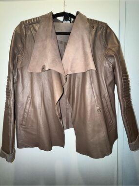Women’s Trouvé Taupe Lightweight 100% Leather Draped Moto Jacket